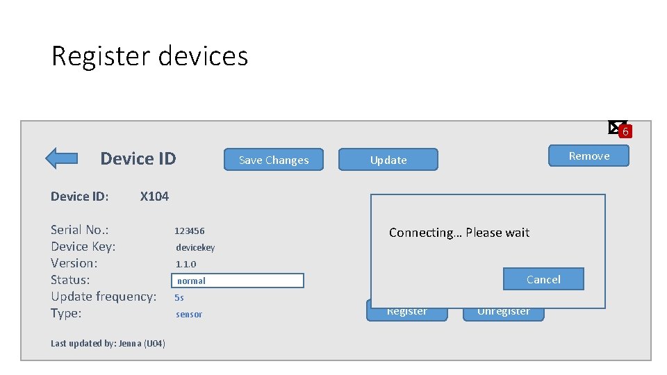 Register devices 6 Device ID: Save Changes Remove Update X 104 Serial No. :