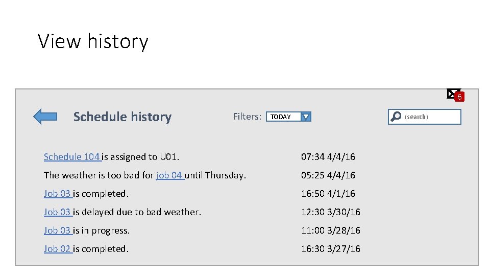 View history 6 Schedule history Filters: TODAY (search) Schedule 104 is assigned to U