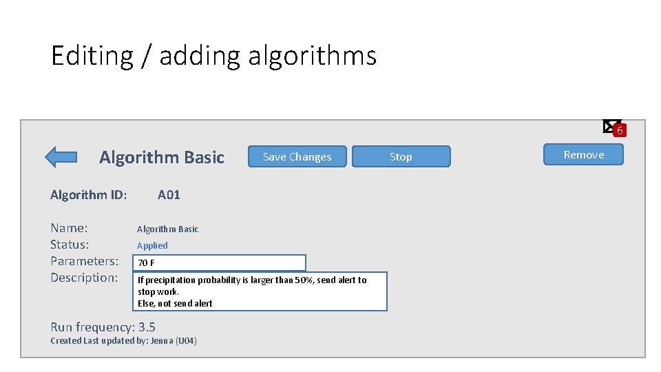 Editing / adding algorithms 6 Algorithm Basic Algorithm ID: Name: Status: Parameters: Description: Save