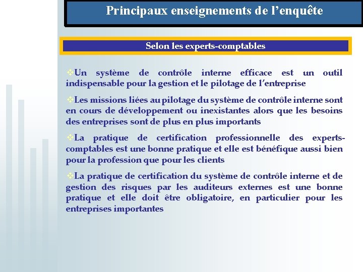 Principaux enseignements de l’enquête Selon les experts-comptables v. Un système de contrôle interne efficace