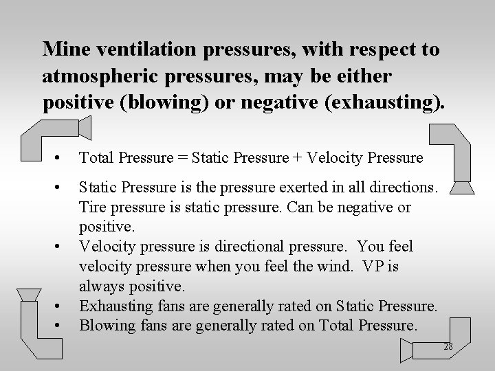Mine ventilation pressures, with respect to atmospheric pressures, may be either positive (blowing) or