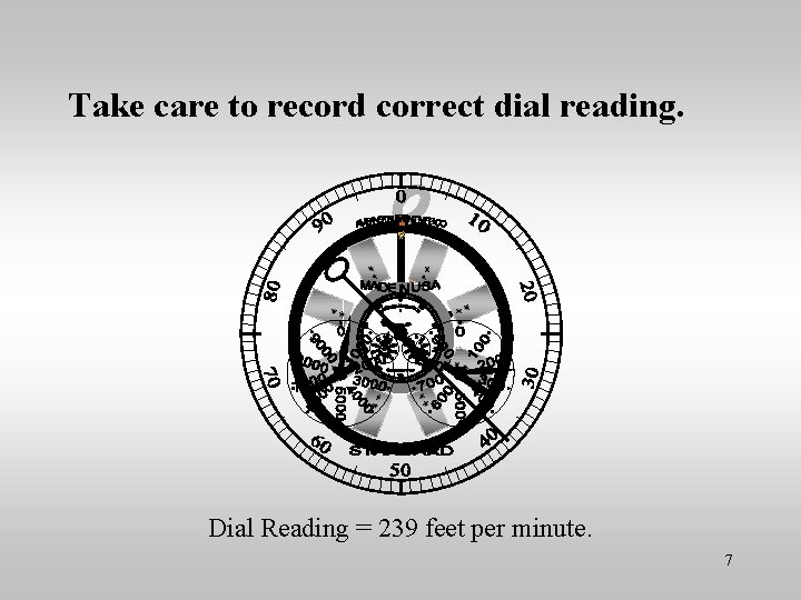 Take care to record correct dial reading. Dial Reading = 239 feet per minute.