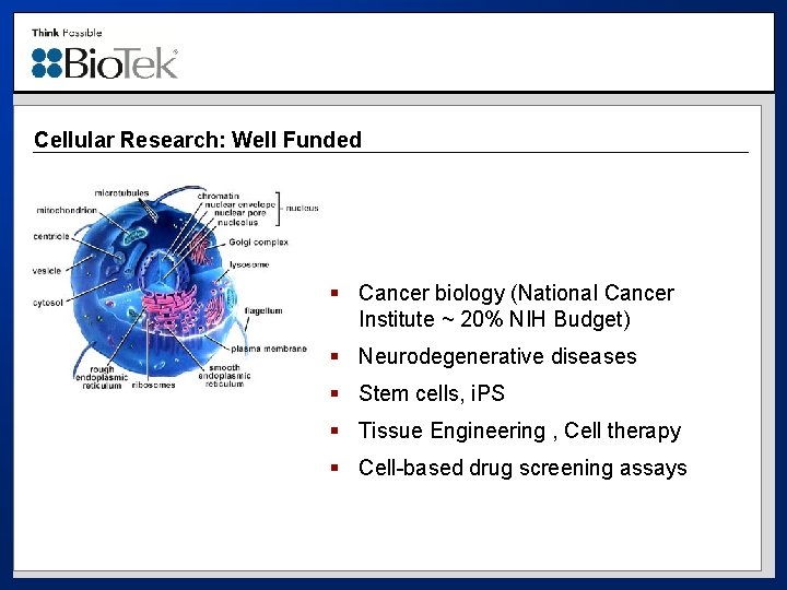 Cellular Research: Well Funded § Cancer biology (National Cancer Institute ~ 20% NIH Budget)