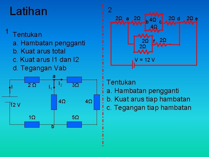 Latihan 2 2Ω a 2Ω 1 Tentukan a. Hambatan pengganti b. Kuat arus total