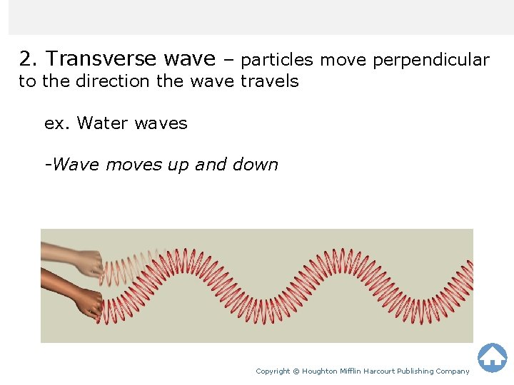 Unit 1 Lesson 1 Waves 2. Transverse wave – particles move perpendicular to the