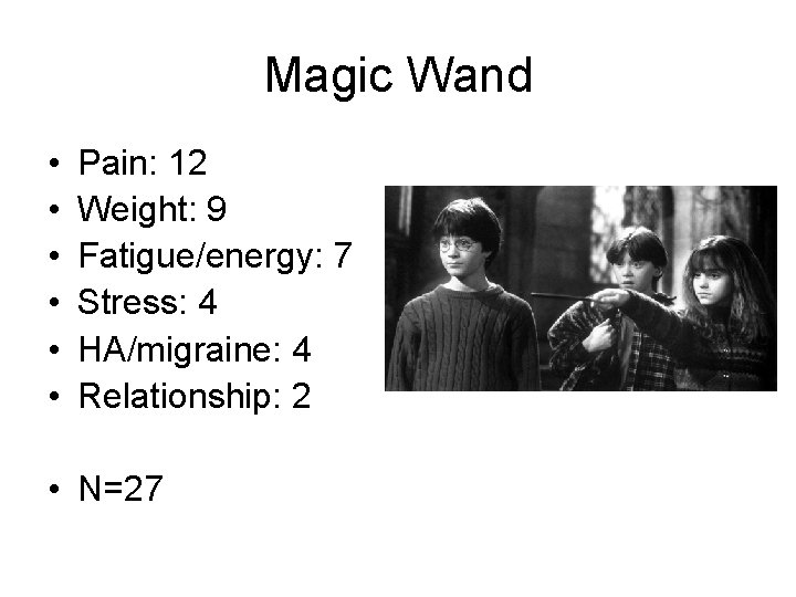 Magic Wand • • • Pain: 12 Weight: 9 Fatigue/energy: 7 Stress: 4 HA/migraine: