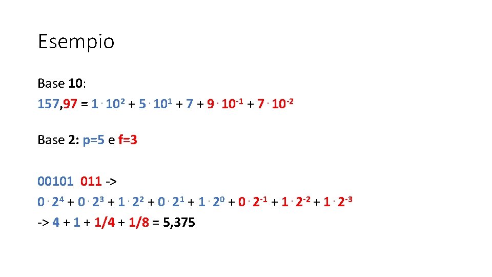 Esempio Base 10: 157, 97 = 1⋅102 + 5⋅101 + 7 + 9⋅10 -1