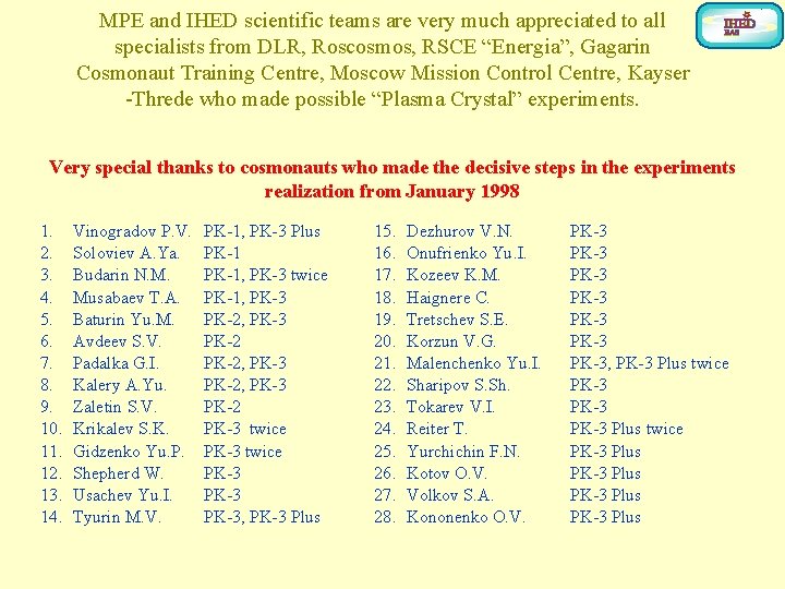 MPE and IHED scientific teams are very much appreciated to all specialists from DLR,