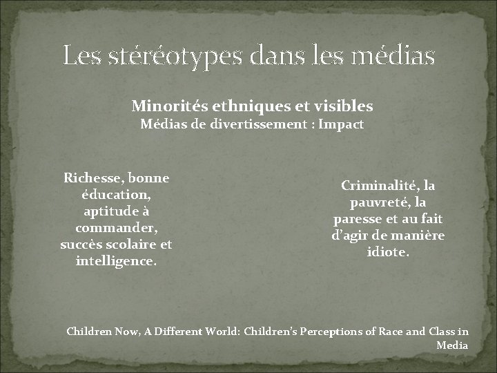 Les stéréotypes dans les médias Minorités ethniques et visibles Médias de divertissement : Impact