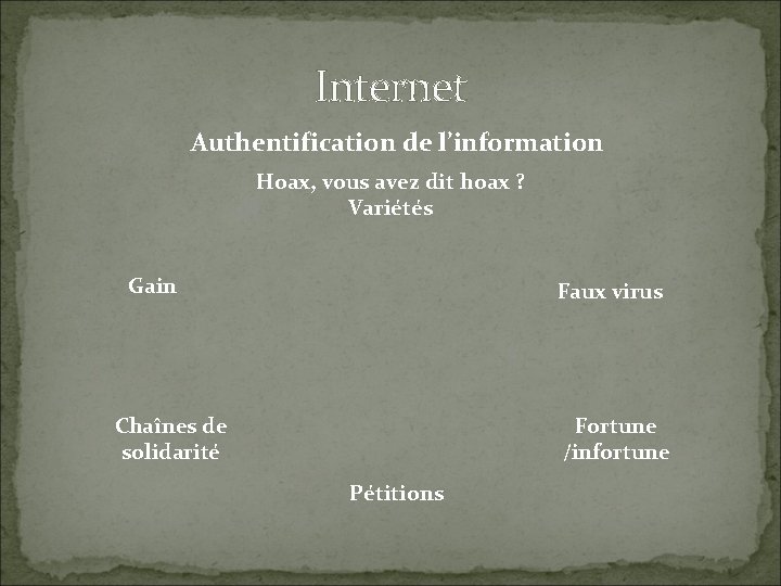 Internet Authentification de l’information Hoax, vous avez dit hoax ? Variétés Gain Faux virus