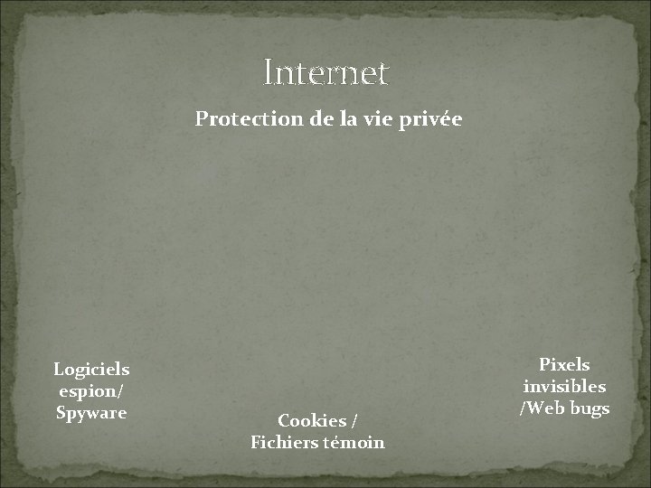 Internet Protection de la vie privée Logiciels espion/ Spyware Cookies / Fichiers témoin Pixels