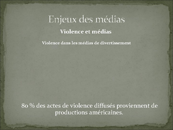Enjeux des médias Violence et médias Violence dans les médias de divertissement 80 %