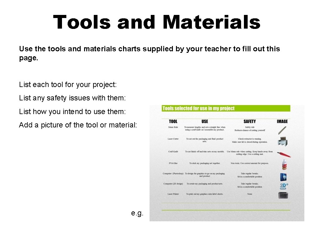 Tools and Materials Use the tools and materials charts supplied by your teacher to