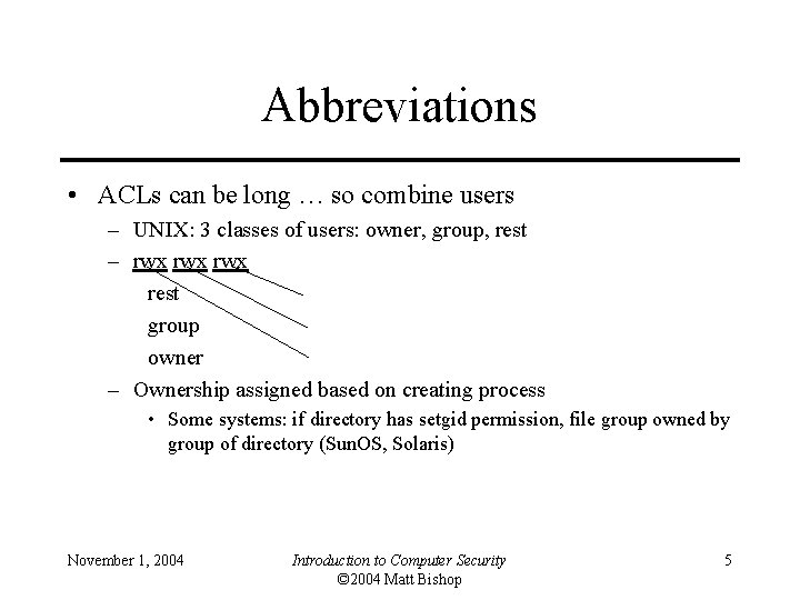 Abbreviations • ACLs can be long … so combine users – UNIX: 3 classes
