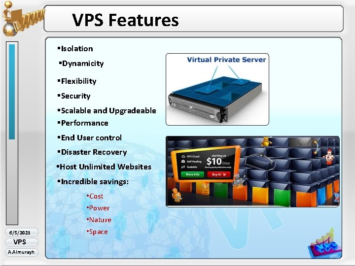 VPS Features §Isolation §Dynamicity §Flexibility §Security §Scalable and Upgradeable §Performance §End User control §Disaster