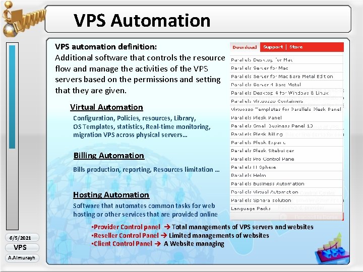 VPS Automation VPS automation definition: Additional software that controls the resource flow and manage