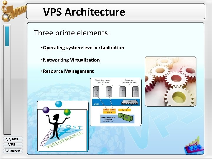 VPS Architecture Three prime elements: • Operating system-level virtualization • Networking Virtualization • Resource