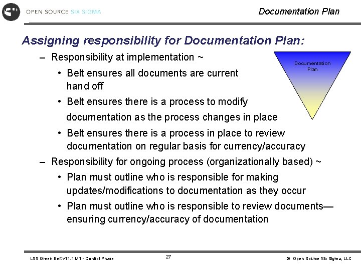 Documentation Plan Assigning responsibility for Documentation Plan: – Responsibility at implementation ~ • Belt