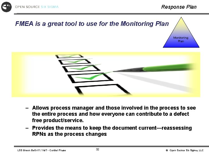 Response Plan FMEA is a great tool to use for the Monitoring Plan –