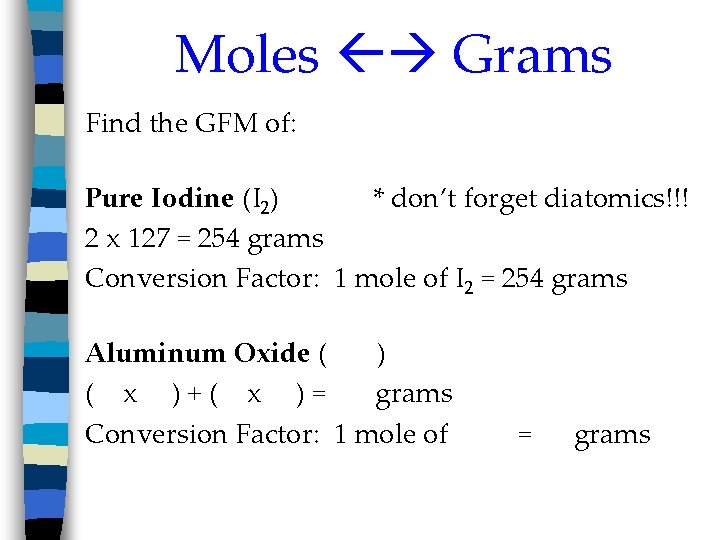 Moles Grams Find the GFM of: Pure Iodine (I 2) * don’t forget diatomics!!!