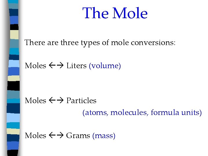 The Mole There are three types of mole conversions: Moles Liters (volume) Moles Particles