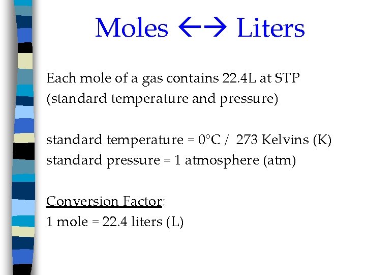 Moles Liters Each mole of a gas contains 22. 4 L at STP (standard