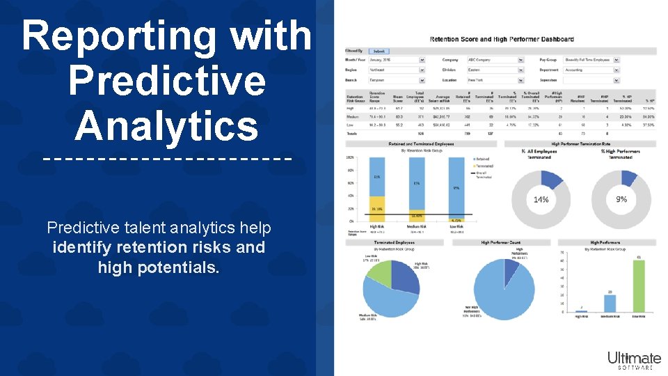Reporting with Predictive Analytics Predictive talent analytics help identify retention risks and high potentials.