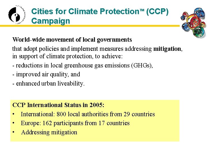 Cities for Climate Protection (CCP) Campaign TM World-wide movement of local governments that adopt