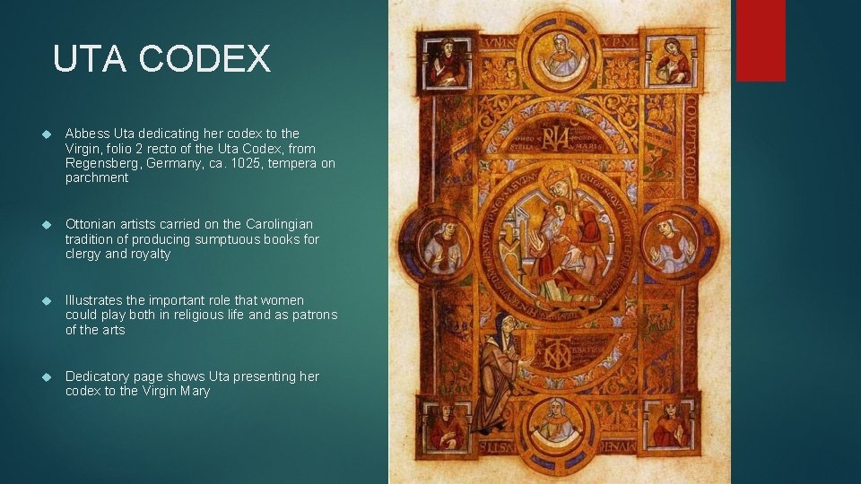 UTA CODEX Abbess Uta dedicating her codex to the Virgin, folio 2 recto of