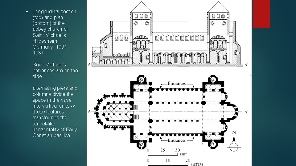 § Longitudinal section (top) and plan (bottom) of the abbey church of Saint Michael’s,