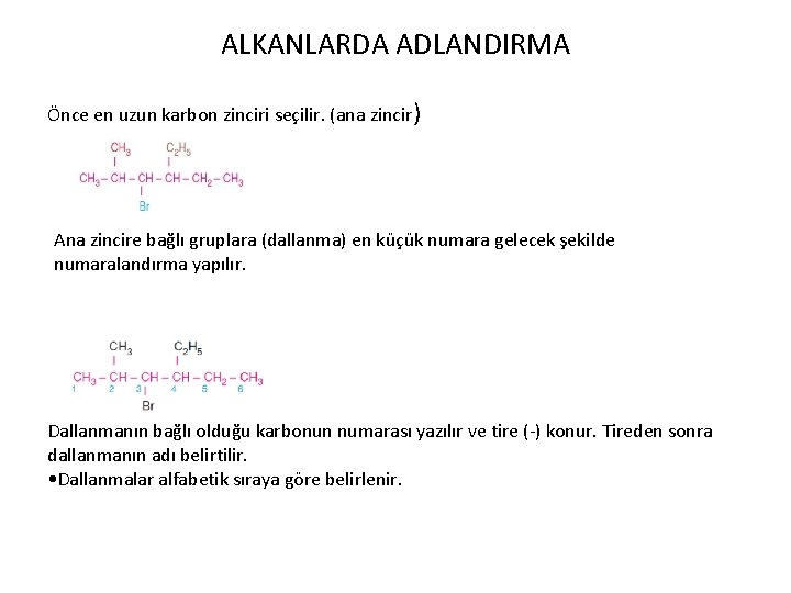 ALKANLARDA ADLANDIRMA Önce en uzun karbon zinciri seçilir. (ana zincir) Ana zincire bağlı gruplara