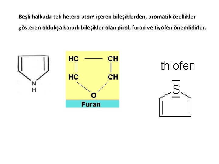 Beşli halkada tek hetero-atom içeren bileşiklerden, aromatik özellikler gösteren oldukça kararlı bileşikler olan pirol,