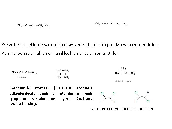 Yukardaki örneklerde sadece ikili bağ yerleri farklı olduğundan yapı izomeridirler. Aynı karbon sayılı alkenler