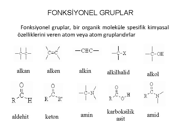 FONKSİYONEL GRUPLAR Fonksiyonel gruplar, bir organik moleküle spesifik kimyasal özelliklerini veren atom veya atom