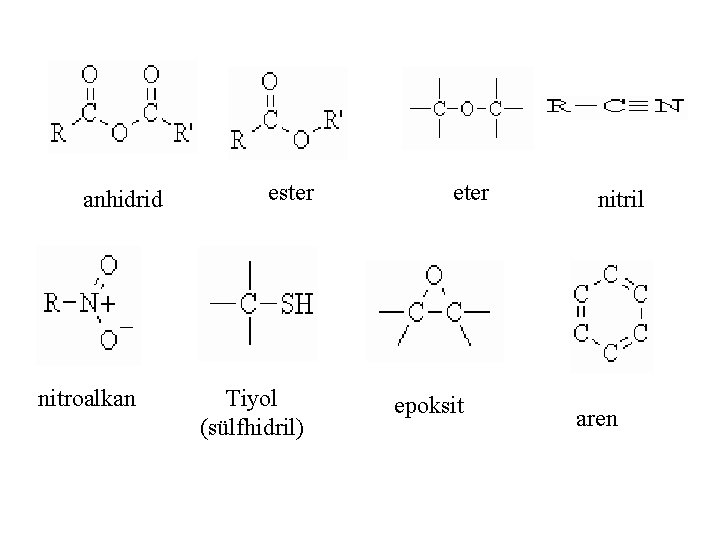 anhidrid nitroalkan ester Tiyol (sülfhidril) eter epoksit nitril aren 