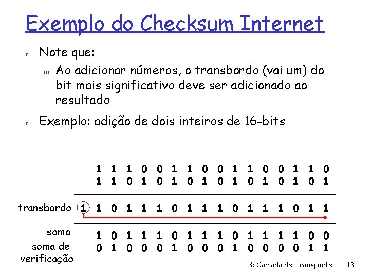 Exemplo do Checksum Internet r Note que: m Ao adicionar números, o transbordo (vai