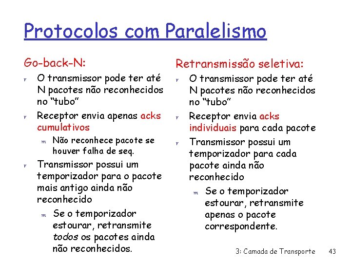 Protocolos com Paralelismo Go-back-N: r r O transmissor pode ter até N pacotes não