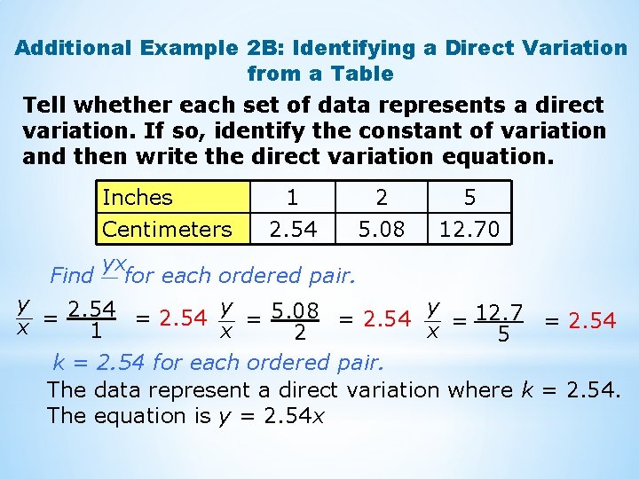 Direct Variation Sample Table Direct Variation 5 4 Vocabulary Direct variation a