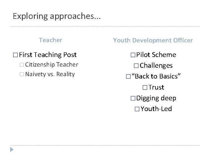 Exploring approaches. . . Teacher � First Teaching Post � Citizenship Teacher � Naivety