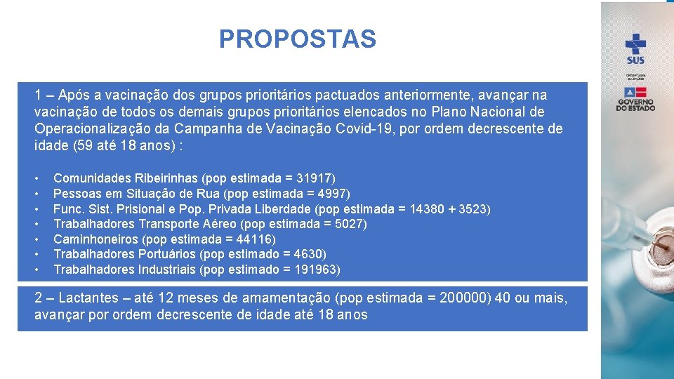 PROPOSTAS 1 – Após a vacinação dos grupos prioritários pactuados anteriormente, avançar na vacinação