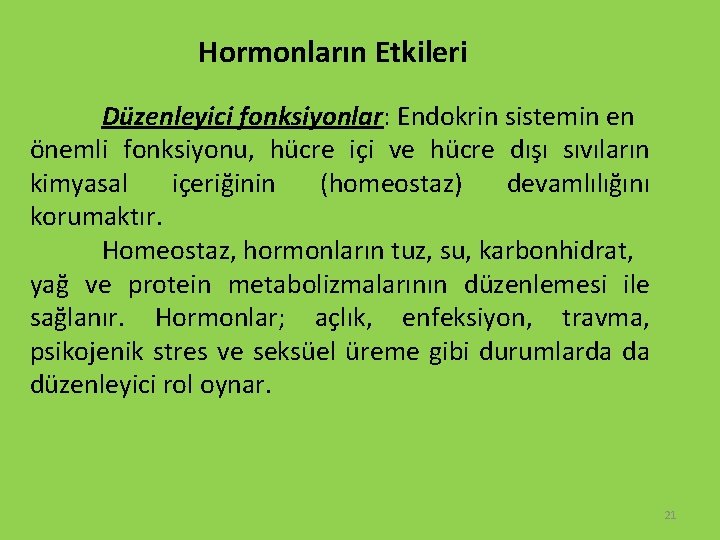Hormonların Etkileri Düzenleyici fonksiyonlar: Endokrin sistemin en önemli fonksiyonu, hücre içi ve hücre dışı