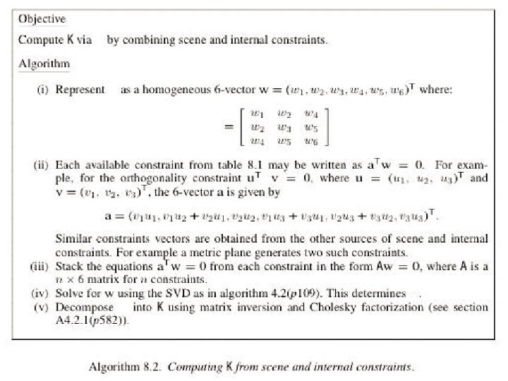 Computing K from scene and internal constraints 