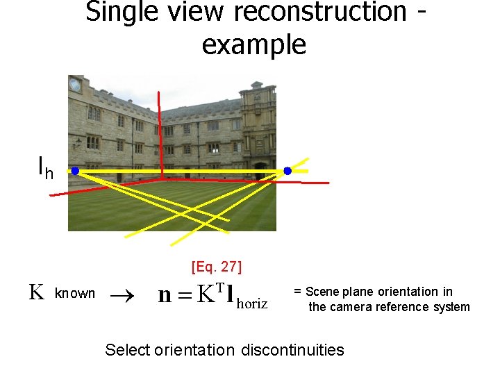 Single view reconstruction example lh [Eq. 27] K known n KT l horiz =