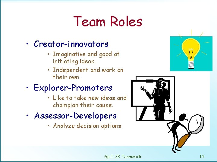 Team Roles • Creator-innovators • Imaginative and good at initiating ideas. . • Independent