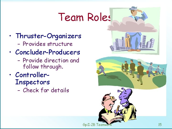 Team Roles • Thruster-Organizers – Provides structure • Concluder-Producers – Provide direction and follow
