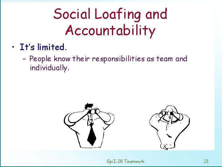 Social Loafing and Accountability • It’s limited. – People know their responsibilities as team