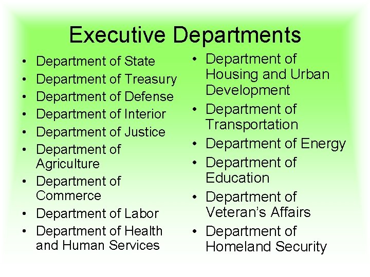 Executive Departments • • • Department of State Department of Treasury Department of Defense