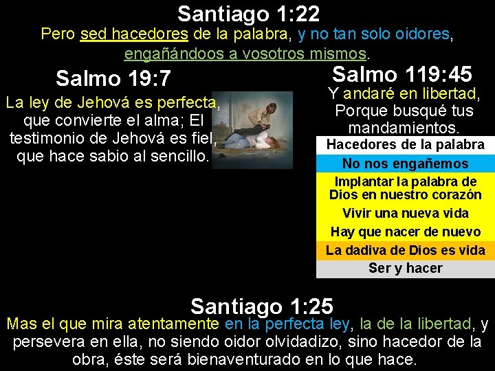 Santiago 1: 22 Pero sed hacedores de la palabra, y no tan solo oidores, Santiago 1: 22 Pero sed hacedores de la palabra, y no tan solo oidores,