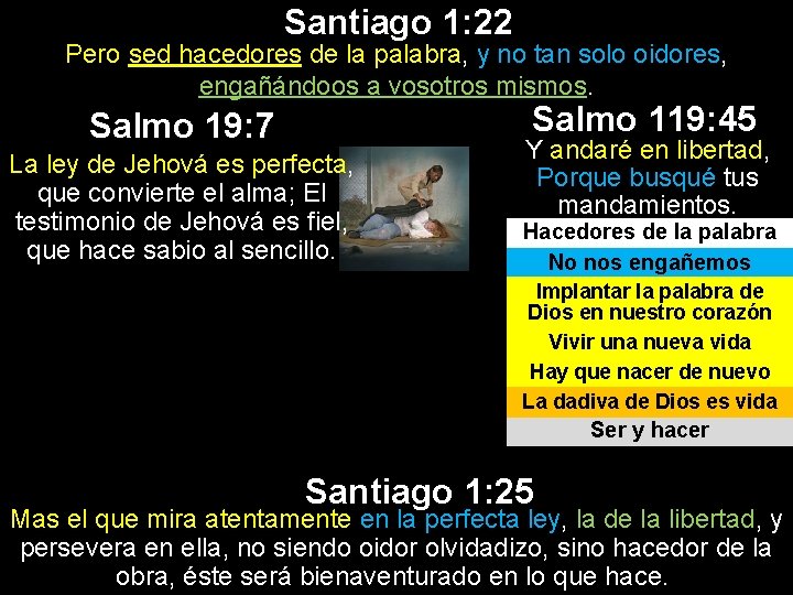 Santiago 1: 22 Pero sed hacedores de la palabra, y no tan solo oidores, Santiago 1: 22 Pero sed hacedores de la palabra, y no tan solo oidores,