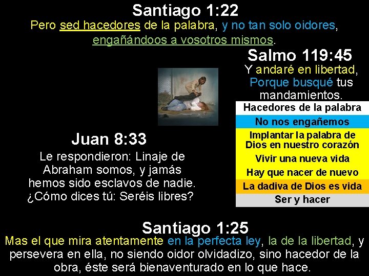 Santiago 1: 22 Pero sed hacedores de la palabra, y no tan solo oidores, Santiago 1: 22 Pero sed hacedores de la palabra, y no tan solo oidores,